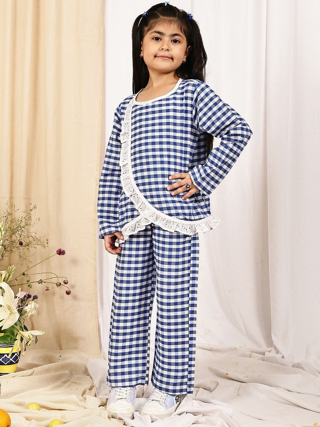 YK Girls Navy Blue & White Ruffle Details Gingham Check Top & Trouser Co-ord Set