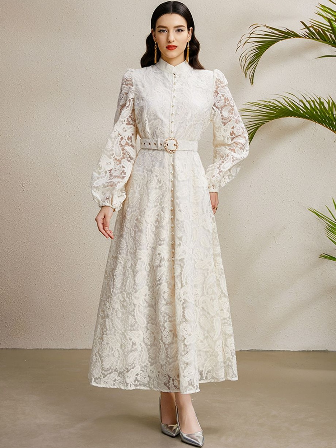 JC Collection Women Floral Self Design Puff Sleeve Semi Sheer Fit & Flare Maxi Dress