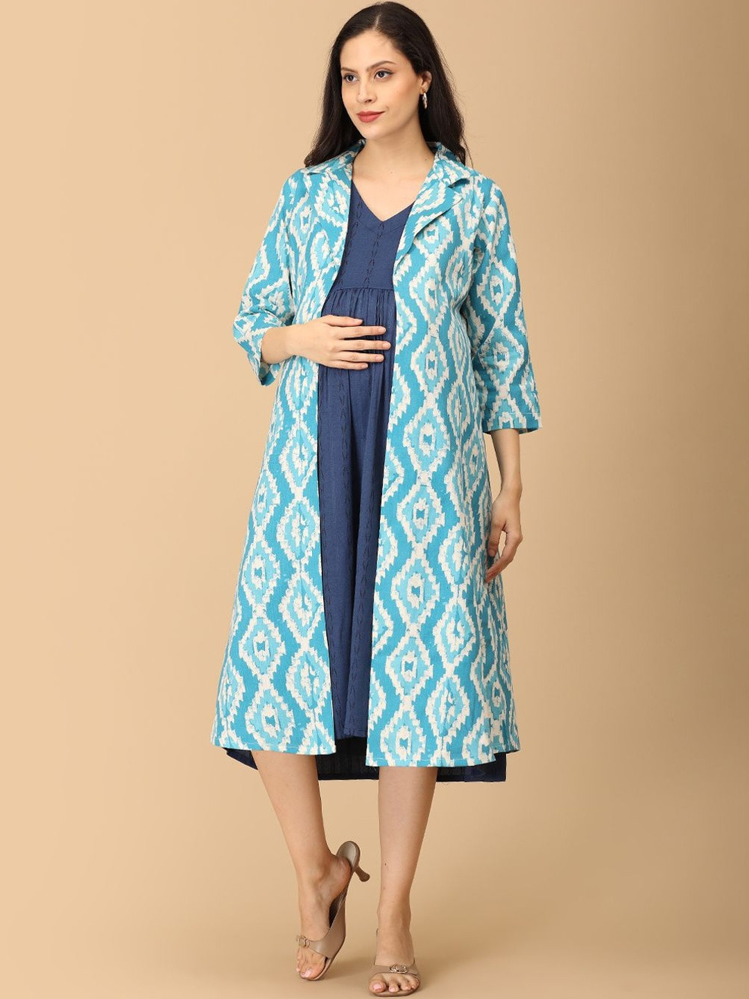 The Mom Store Women Ikat Printed Gathered or Pleated Maternity Shacket Midi Dress