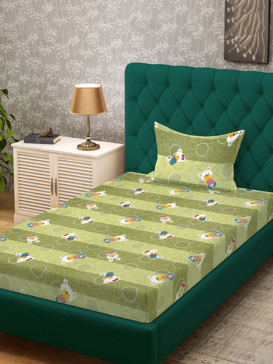 KLOTTHE Green 400 TC Pure Cotton Fitted Single Bedsheet With Pillow Cover - 2.25 x 1.50 m