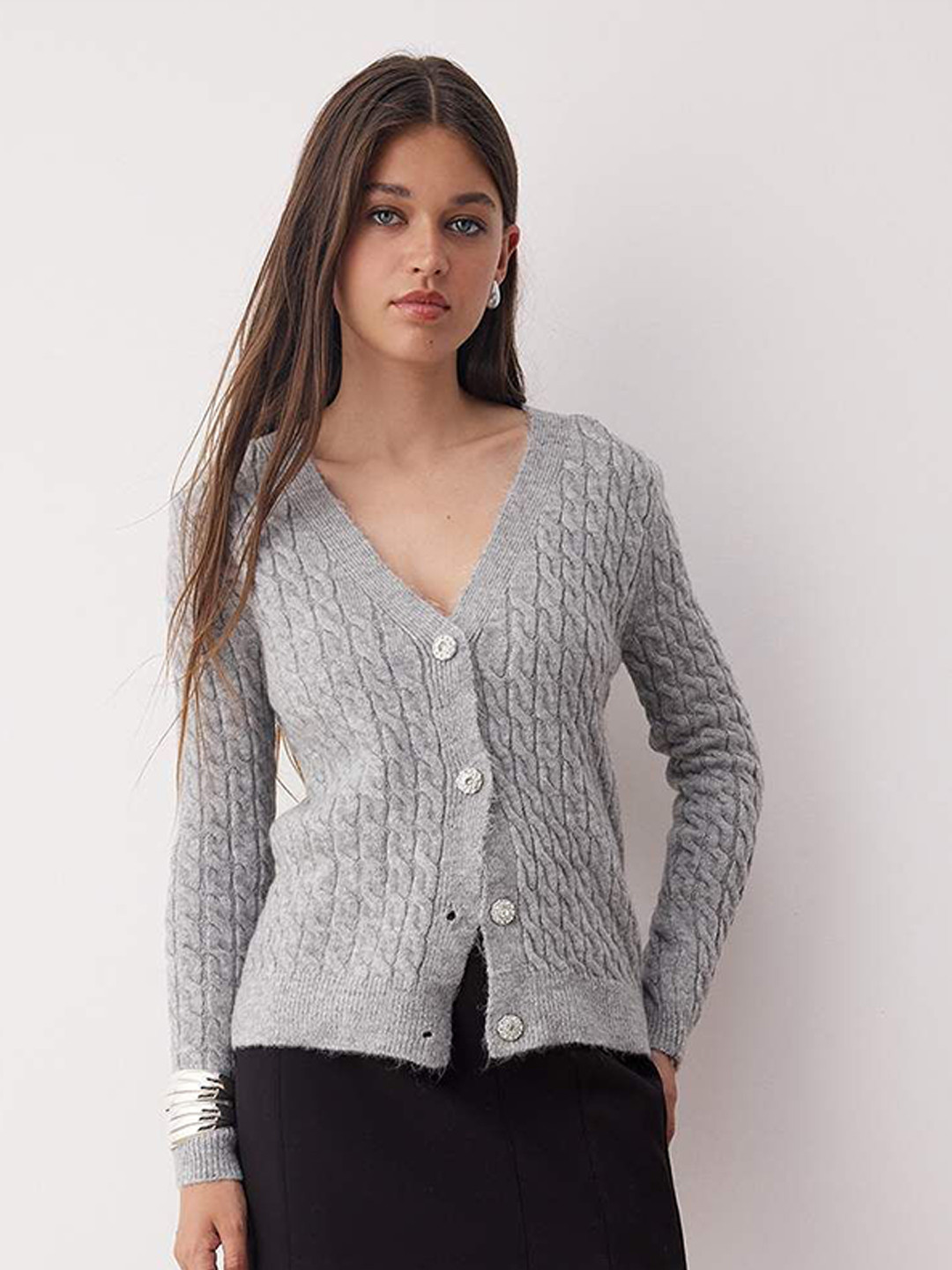 Trendyol Women Self Design Cable Knit V-Neck Cardigan Sweaters