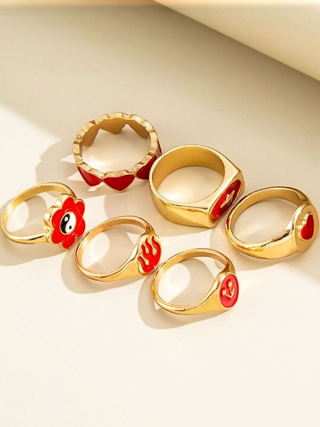 DressBerry Women Pack of 6 Red & Gold Alloy Flower Heart Ring Set