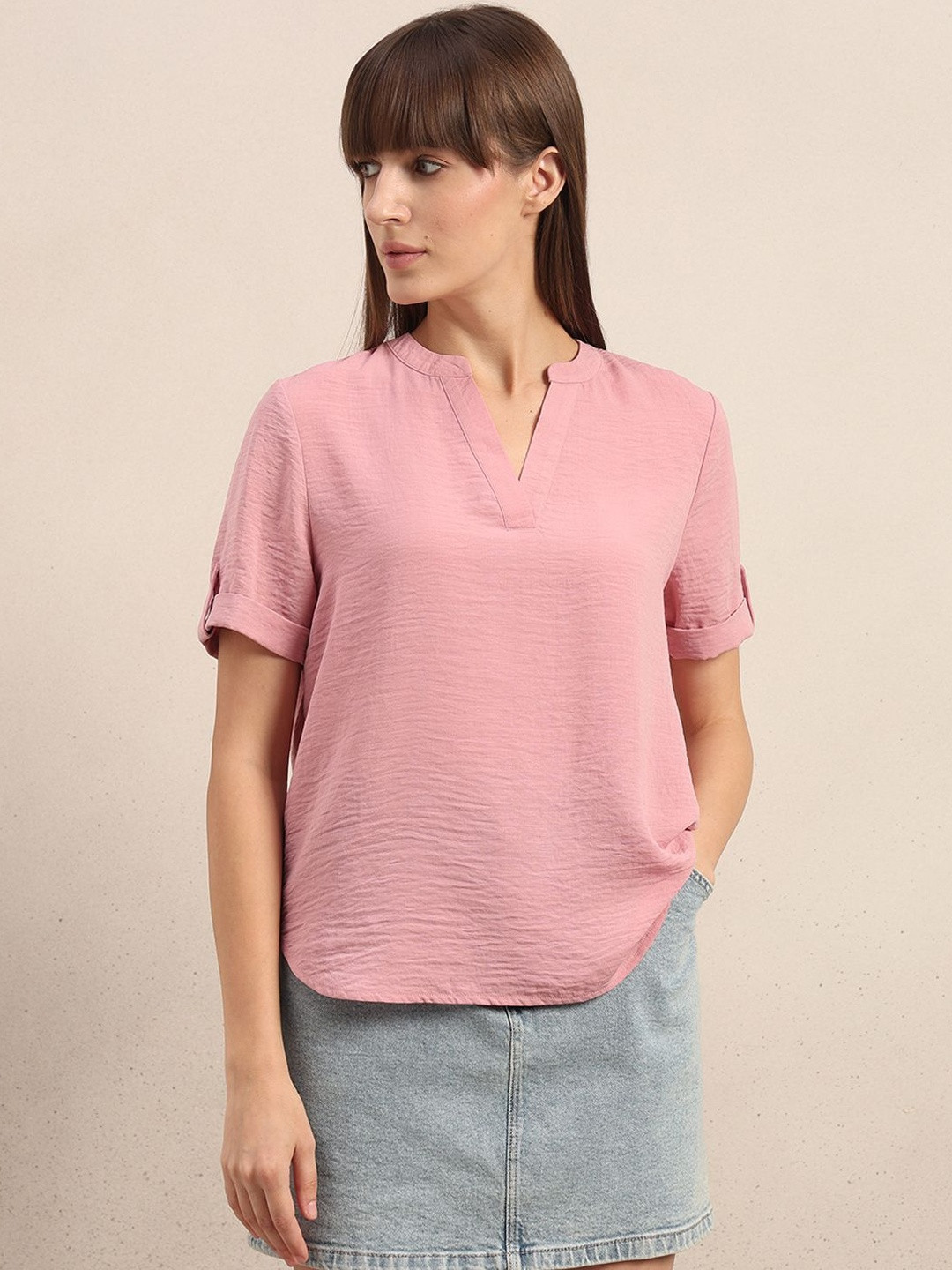 Vero Moda Women V-Neck Roll-Up Sleeves Top