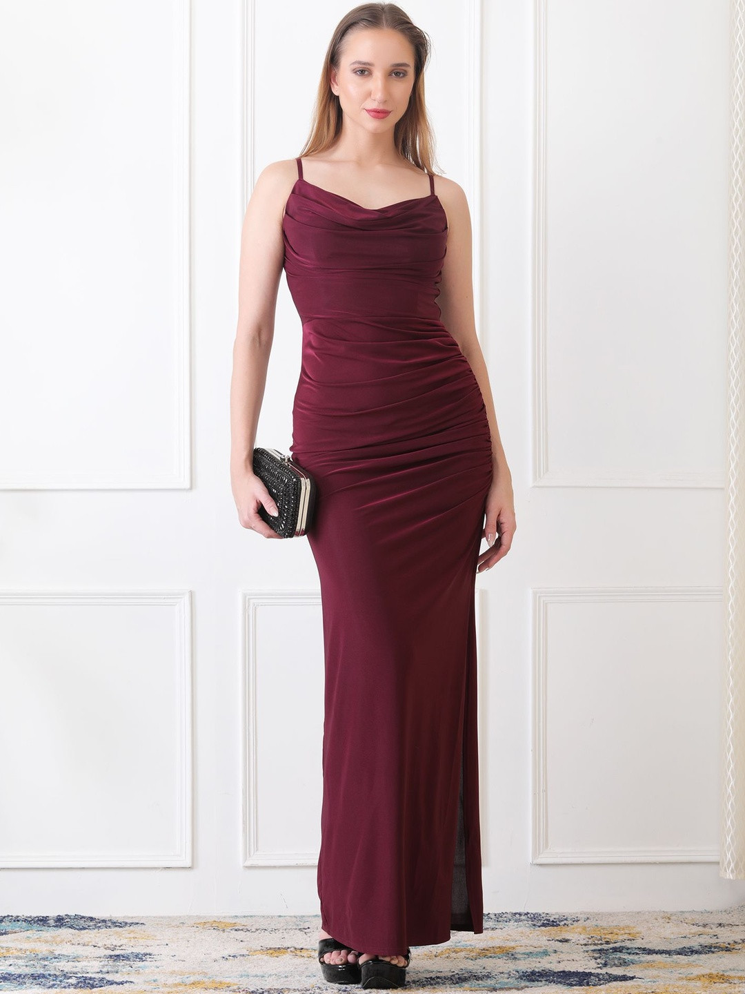 Fashion Gaiia Women Cowl Neck Slits Maxi Dress