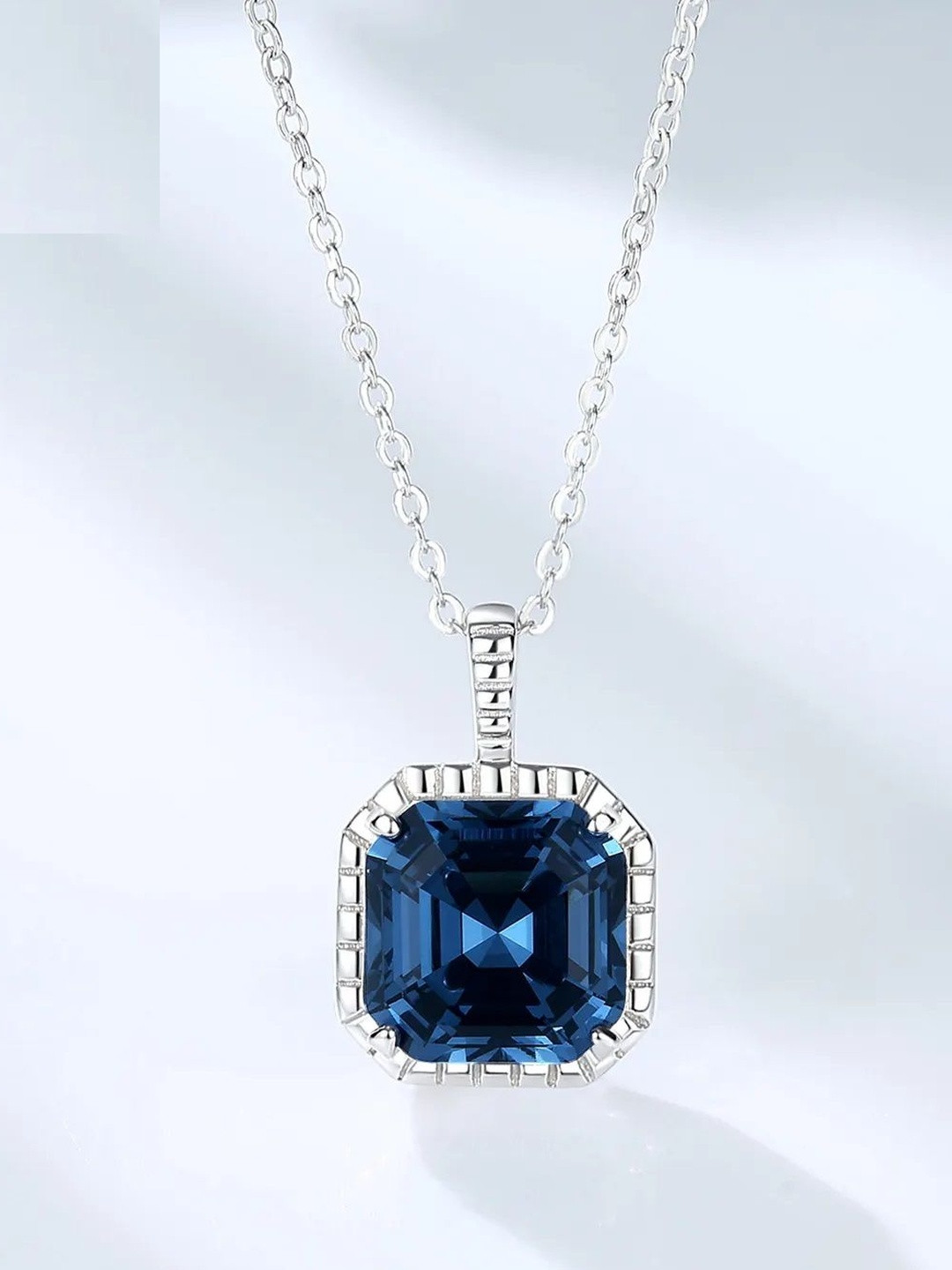 MYSTICFLAVIA Sterling Silver Rhodium Plated Crystals Studded Square Minimal Necklace