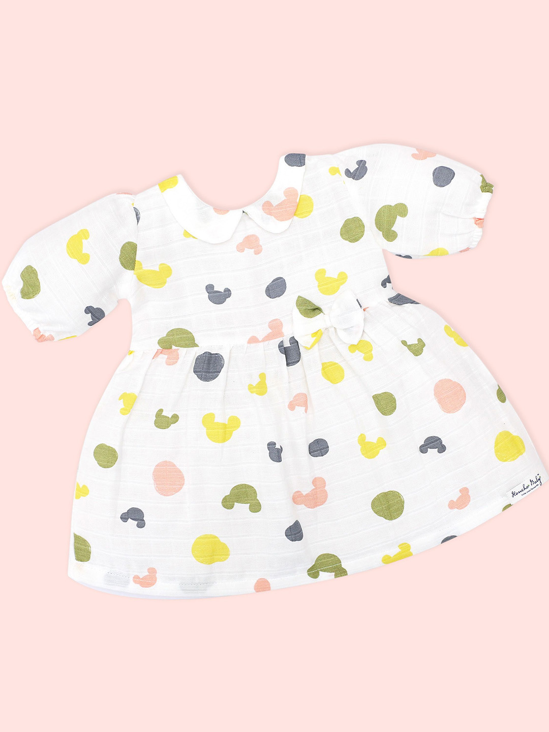 Honcho Baby Girls Printed Peter Pan Collar Puff Sleeve Organic Cotton Fit & Flare Dress