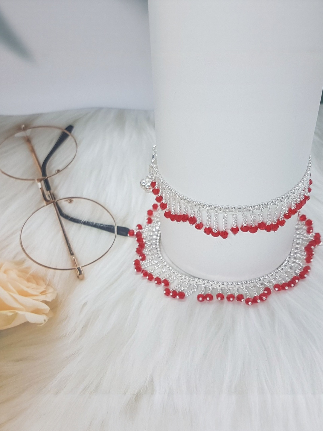 BR Ornaments Women Pair Of Silver-Plated Artificial Stones  Anklets