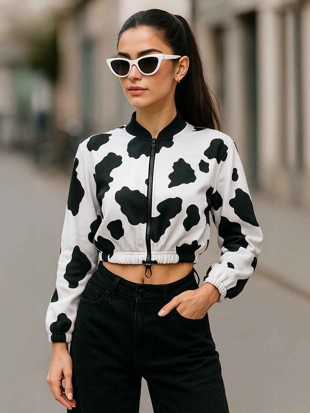 JUNEBERRY Women Black & White Animal Printed Cotton Fleece Hooded Crop Bomber Jacket