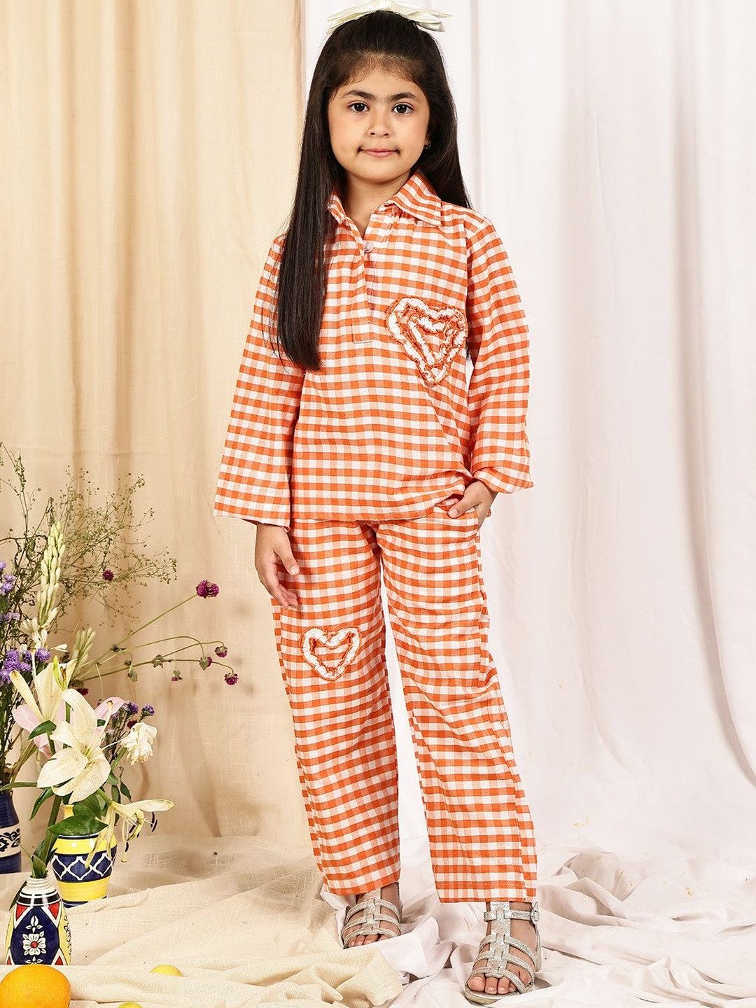 YK Girls Peach Gingham Checked Shirt Collar Heart Applique Cotton Shirt With Trouser Set