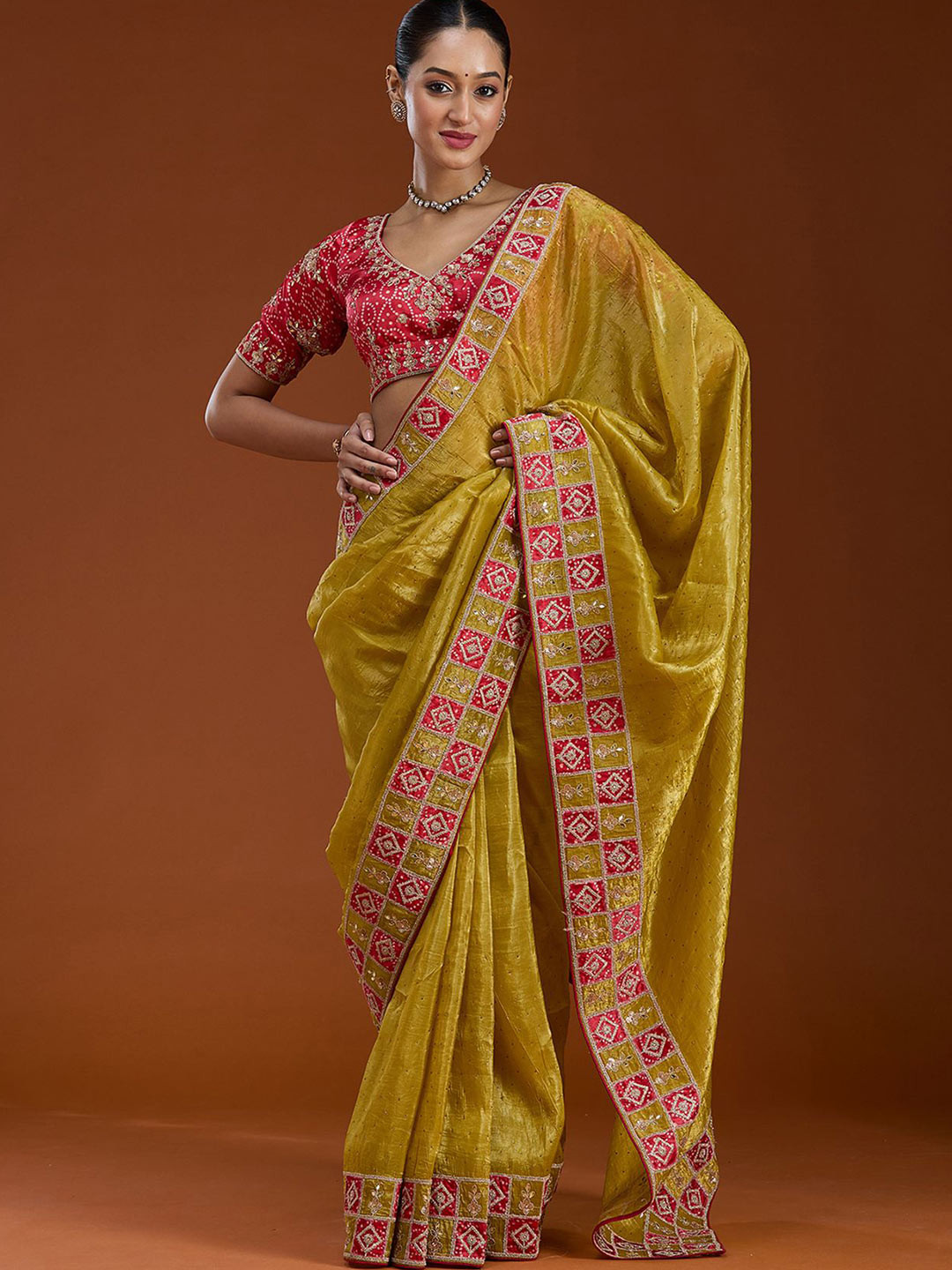 Koskii Embellished Lemon Yellow Gotapatti Tissue Saree