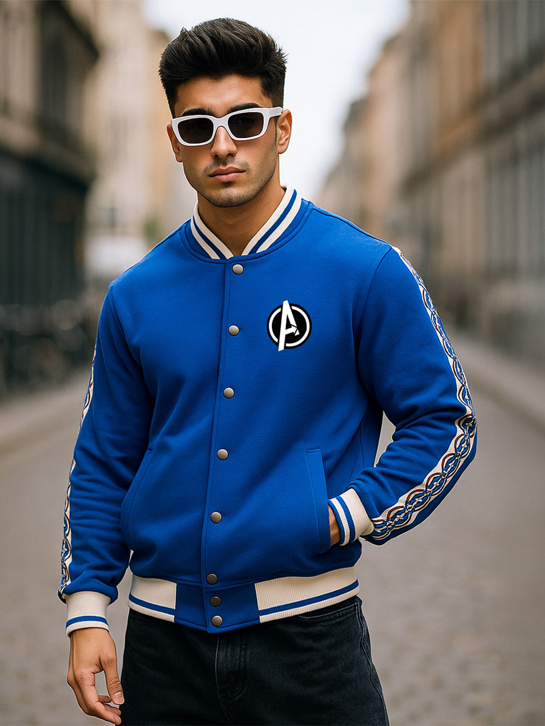 VEIRDO Marvel Blue Avenger Printed Fleece Lightweight Bomber Jacket