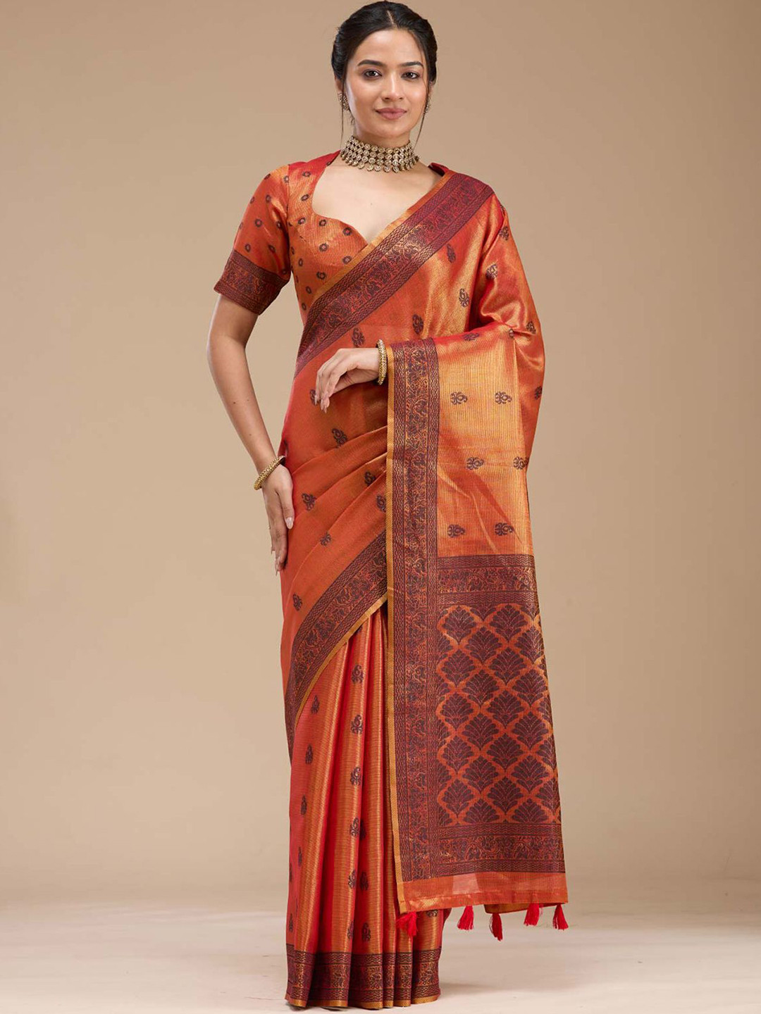 Koskii Woven Design Zari Rust Art Silk Saree
