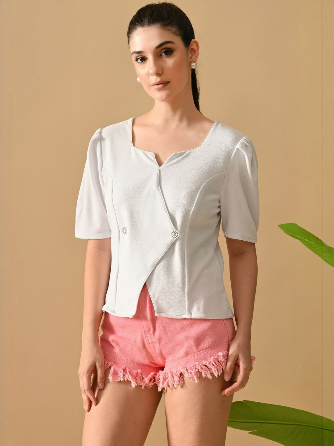 IUGA Women Overlap Neck Short Puff Sleeve Top