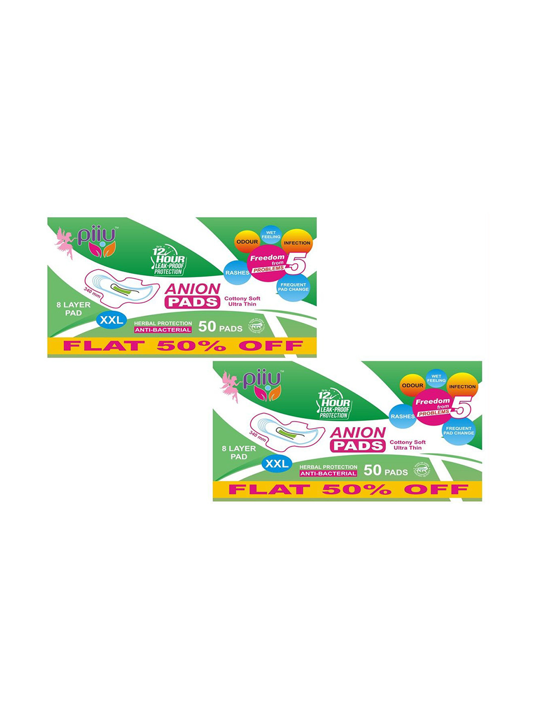 PIIU Set Of 2 Cottony Soft Rash Free Ultra-Thin Anion Sanitary Pads - XXL - 100 Pads Each