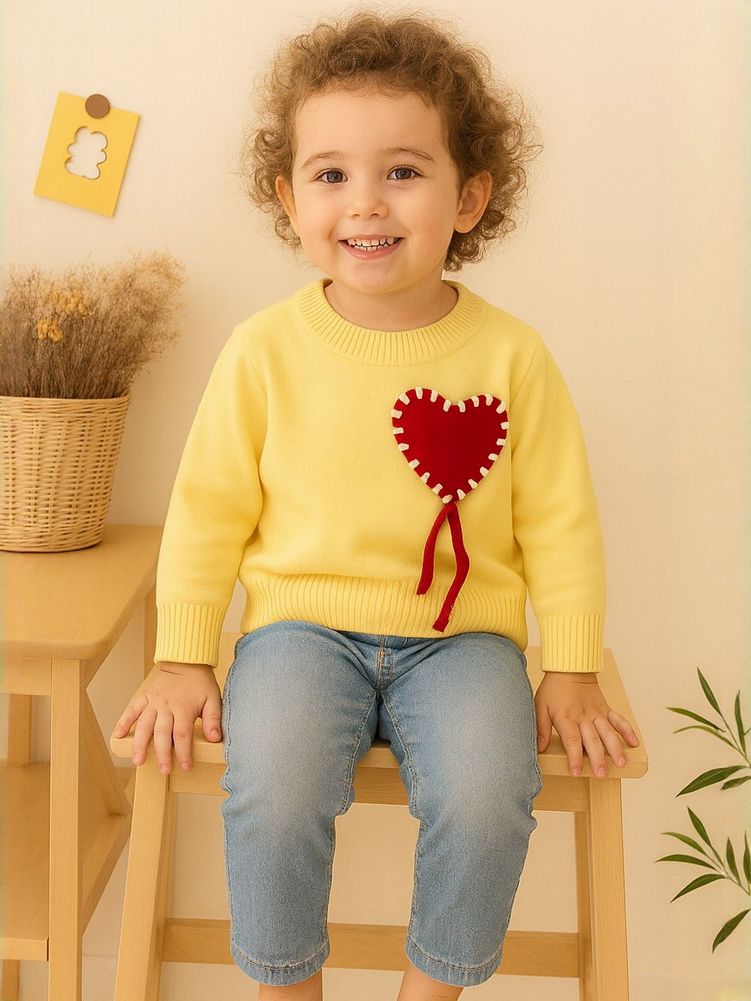 YK Kids Girls Yellow Pullover Sweater with Knit Heart Detail