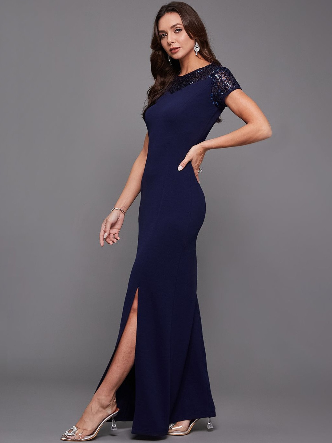 Miss Chase Women Round Neck Cap Sleeves Sequin Panelled Solid Bodycon Maxi Dress