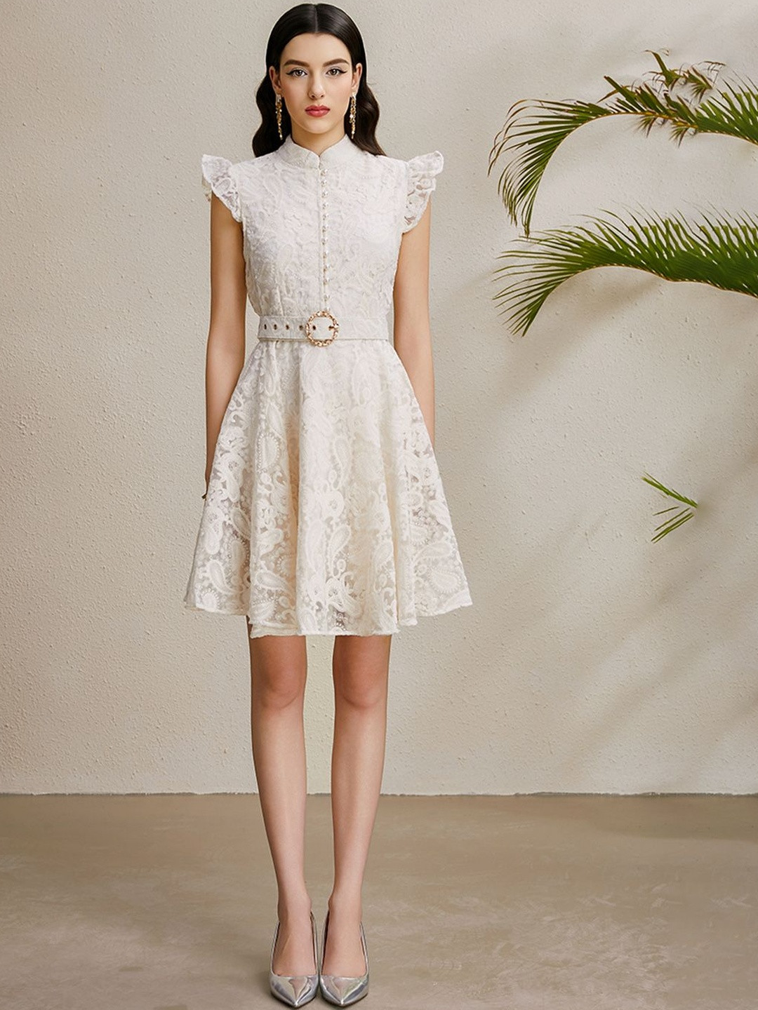 JC Collection Women Floral Embroidered Mandarin Collar Cap Sleeve Fit & Flare Dress