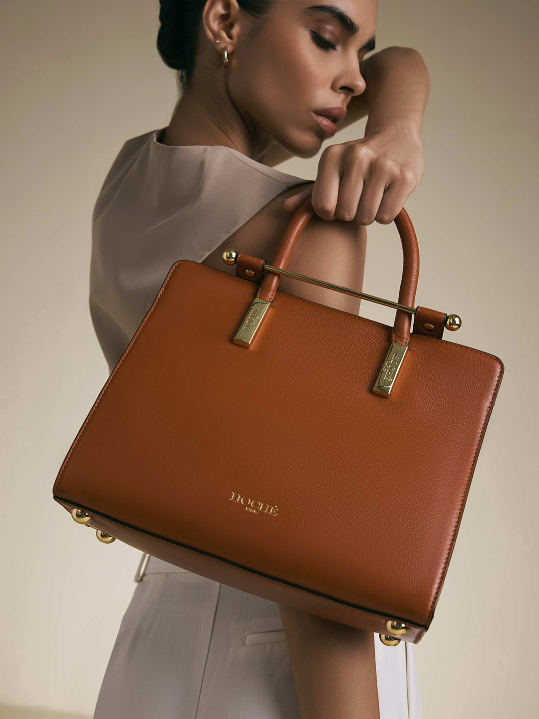 Hoche Paris Women Solid Structured Embellished Leather Handheld Bag