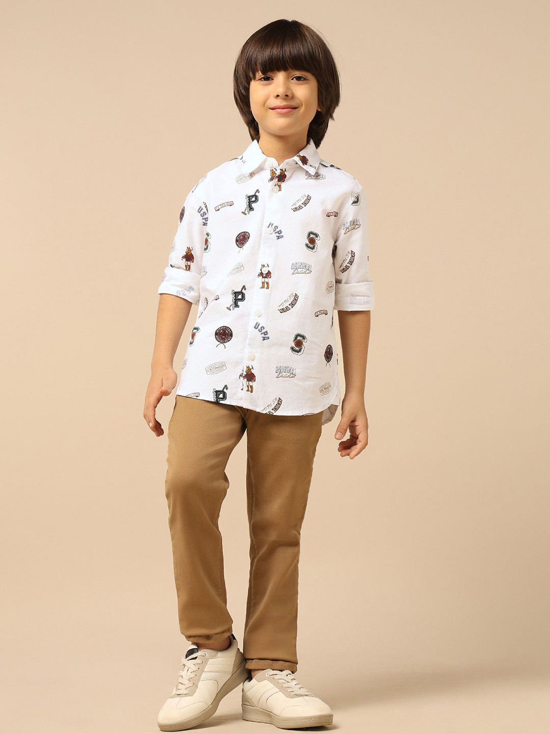 U.S. Polo Assn. Kids Boys Spread Collar Brand Logo Printed Opaque Shirt