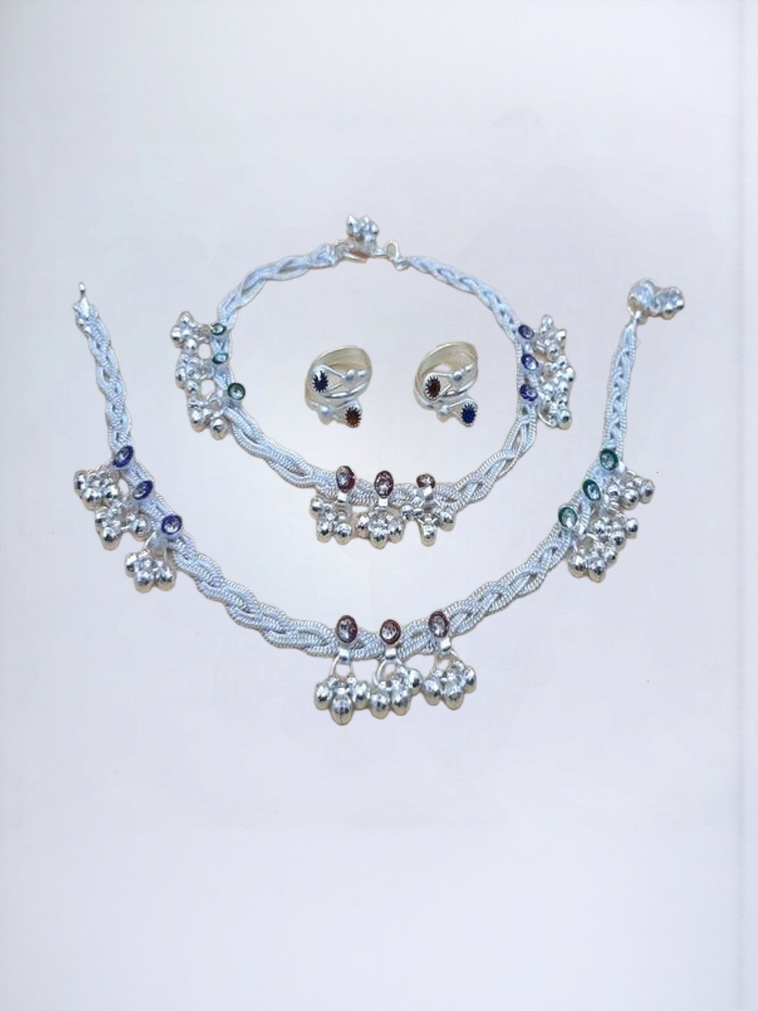 BR Ornaments Set of 2 Silver-Plated Artificial Stones Anklet With Toe Ring