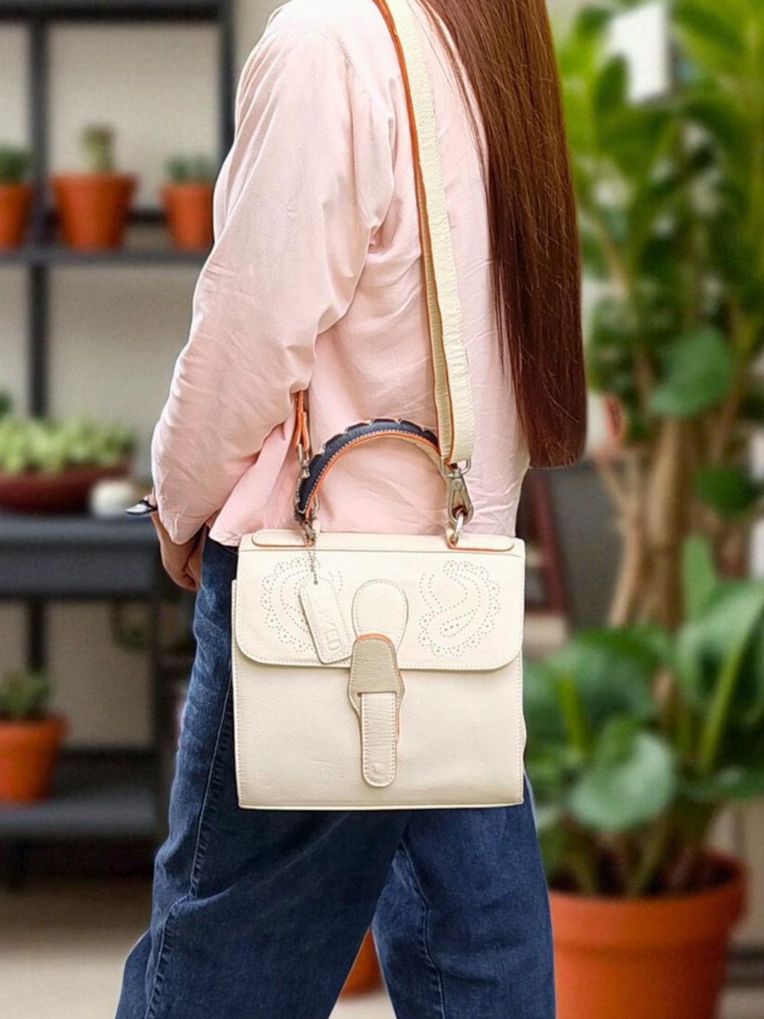 PERKED Beige Genuine Leather Structured Satchel