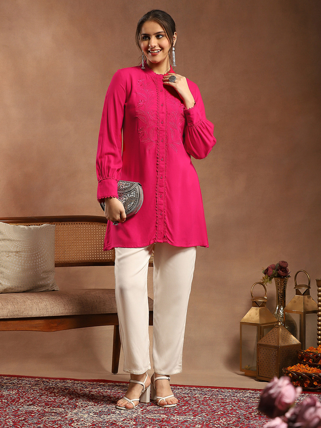 Nayam By Lakshita Solid Embroidered A-line Viscose Rayon Tunic for Women