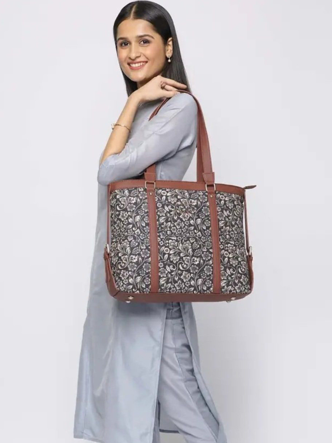 ROSS BROWN Floral Printed Oversized Bucket Jute Shoulder Bag