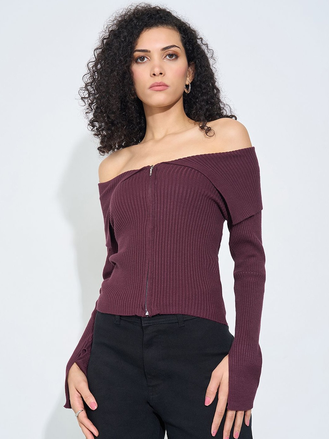 SF JEANS by Pantaloons Women Ribbed Off-Shoulder Crop Top