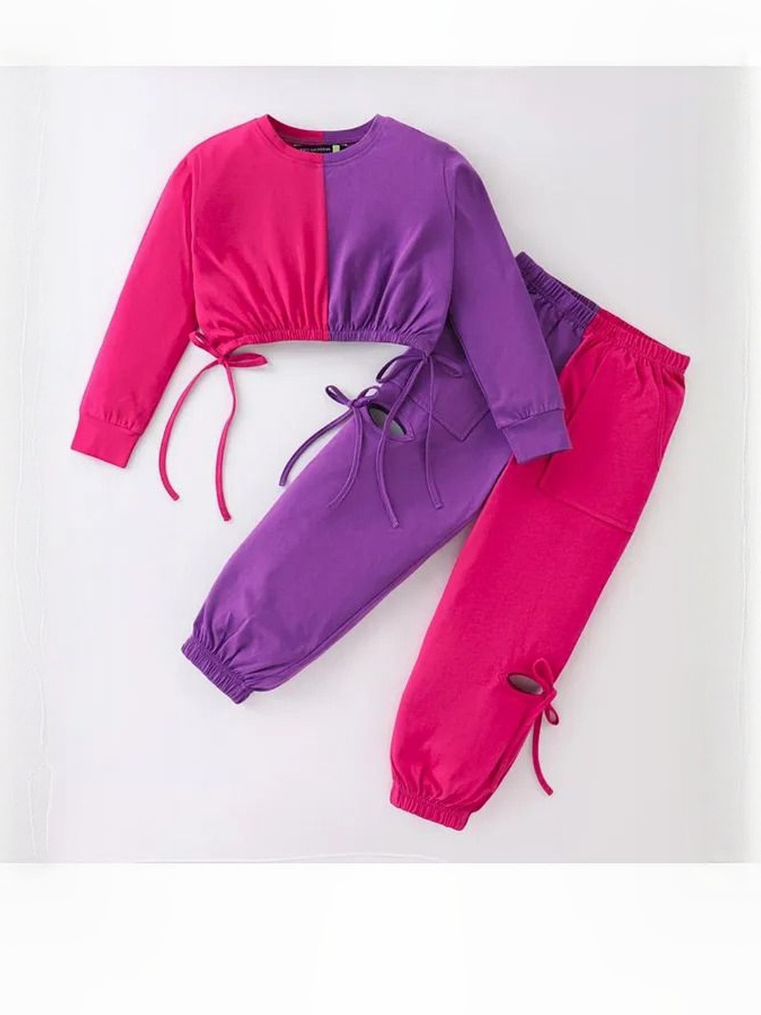 YK Girls Cotton Full Sleeve Self Design Elasticated Waist Top With Jogger Clothing Set