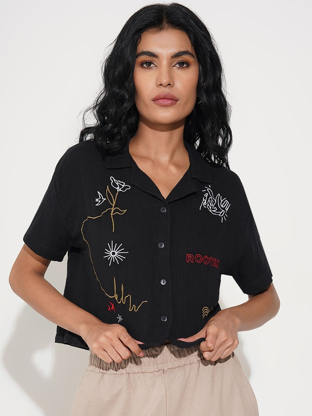 People Embroidered Cotton Shirt Style Crop Top