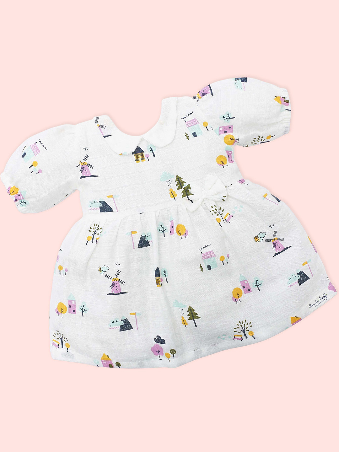 Honcho Baby Girls Printed Peter Pan Collar Organic Cotton Fit & Flare Dress