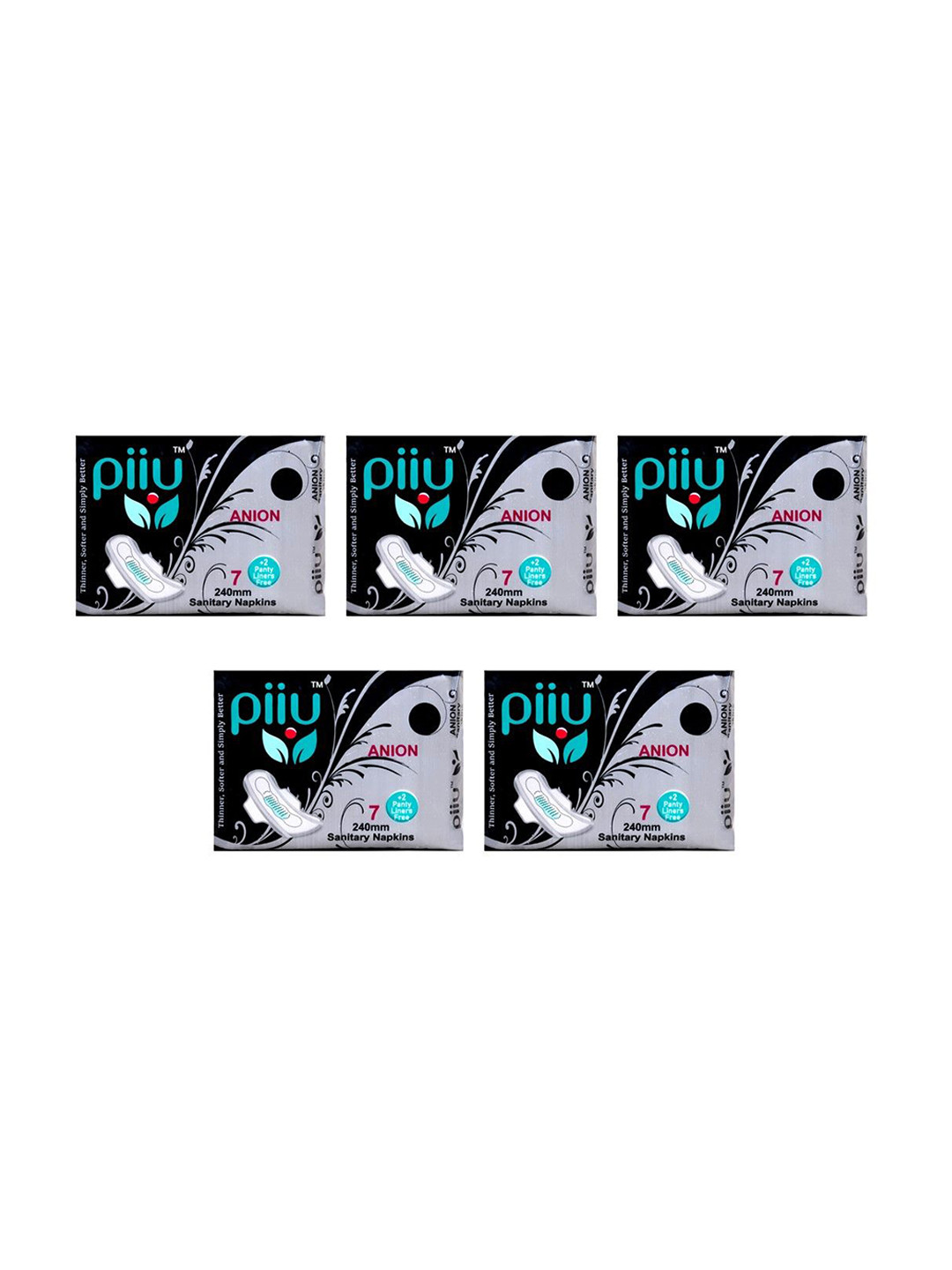 PIIU Set Of 5 Cottony Soft Rash Free Ultra-Thin Anion Sanitary Pads- L- 7 Pads Each