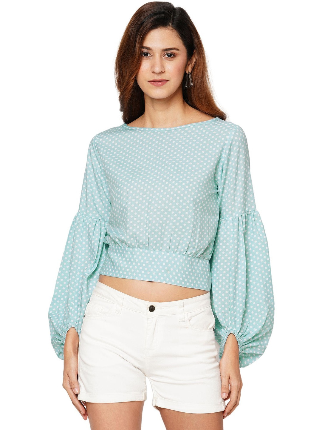 G0-4 IT Polka Dot Print Bishop Sleeves Georgette Fitted Crop Top