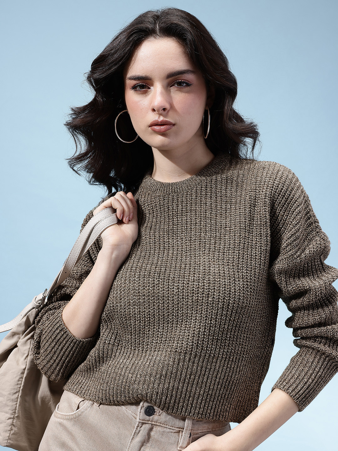 glitchez Cable Knit Drop-Sleeves Acrylic Crop Boxy Fit Pullover