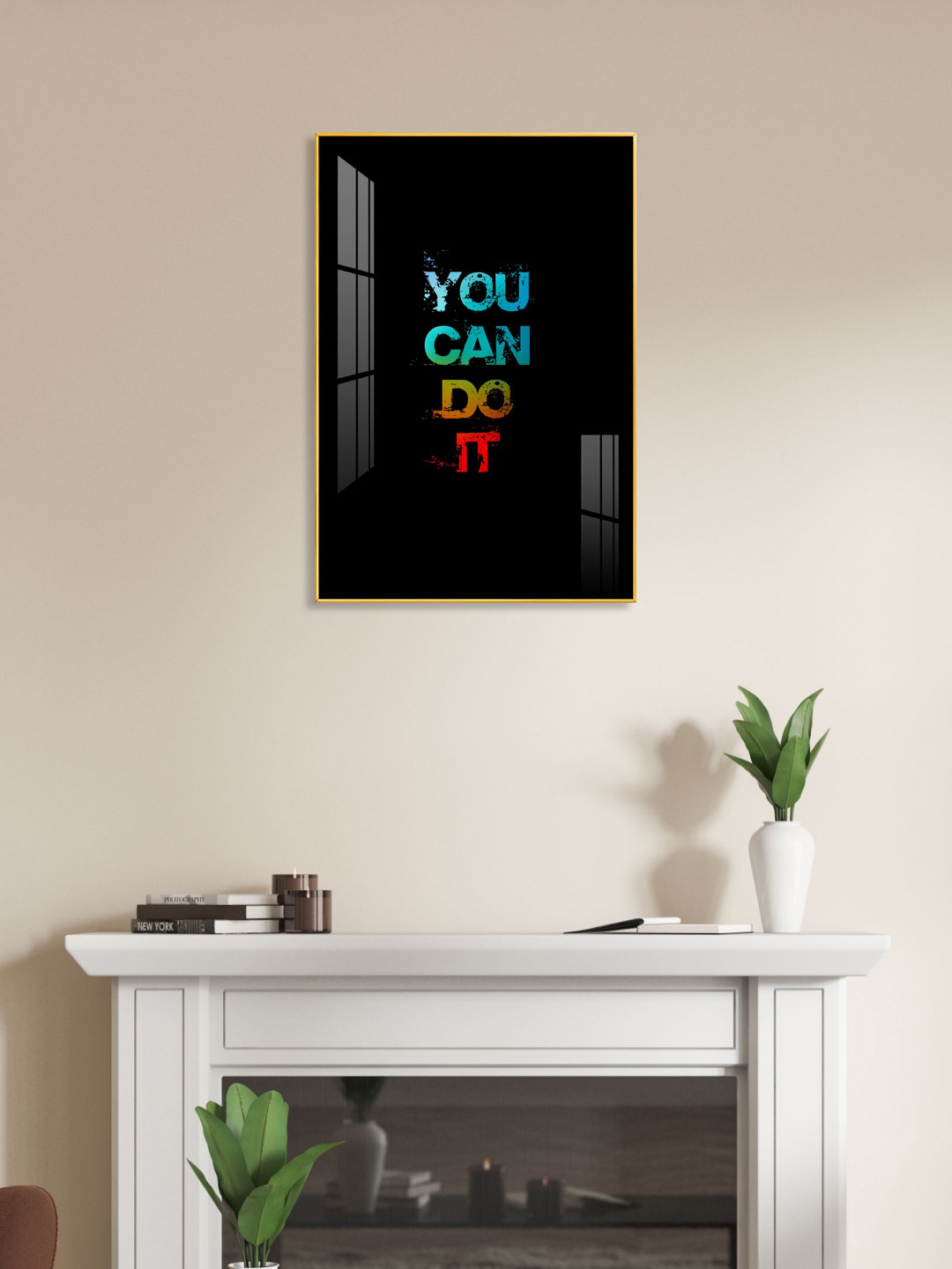 THE NEXT DECOR Gold-Toned & Black Self Motivation Glass Finish Vertical Wall Art
