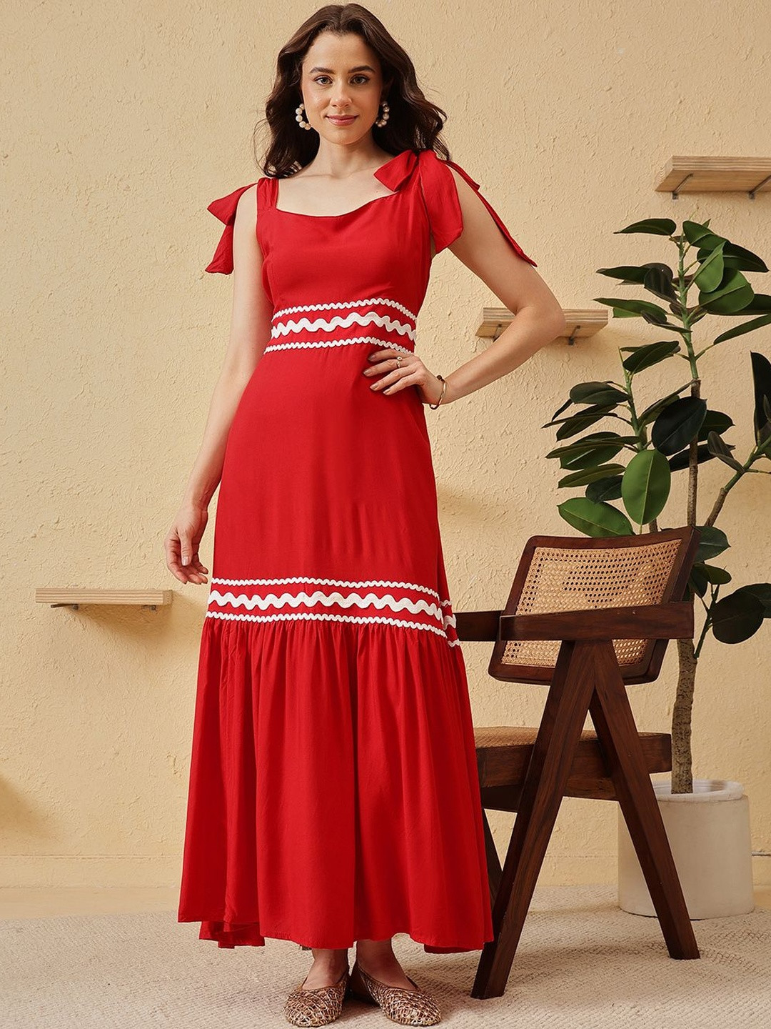 Molly & Michel Women Shoulder Strap Tie-Ups Tiered Maxi Dress