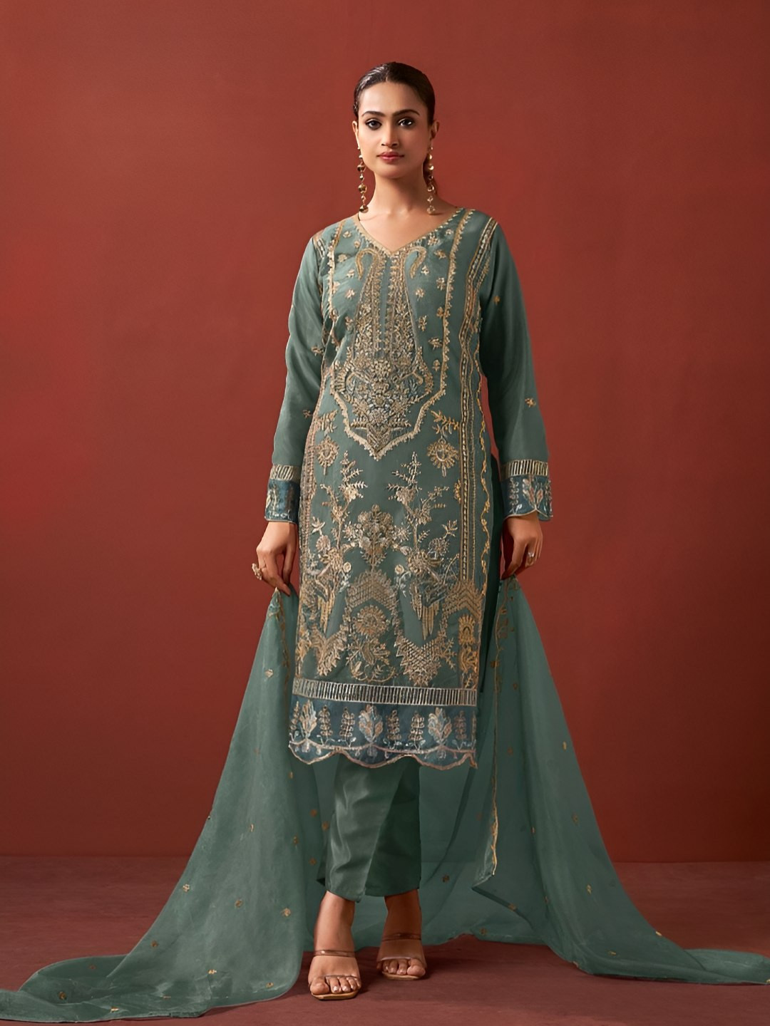 AUTUMN LANE Ethnic Motifs Embroidered Straight Kurta with Pyjamas & Dupatta