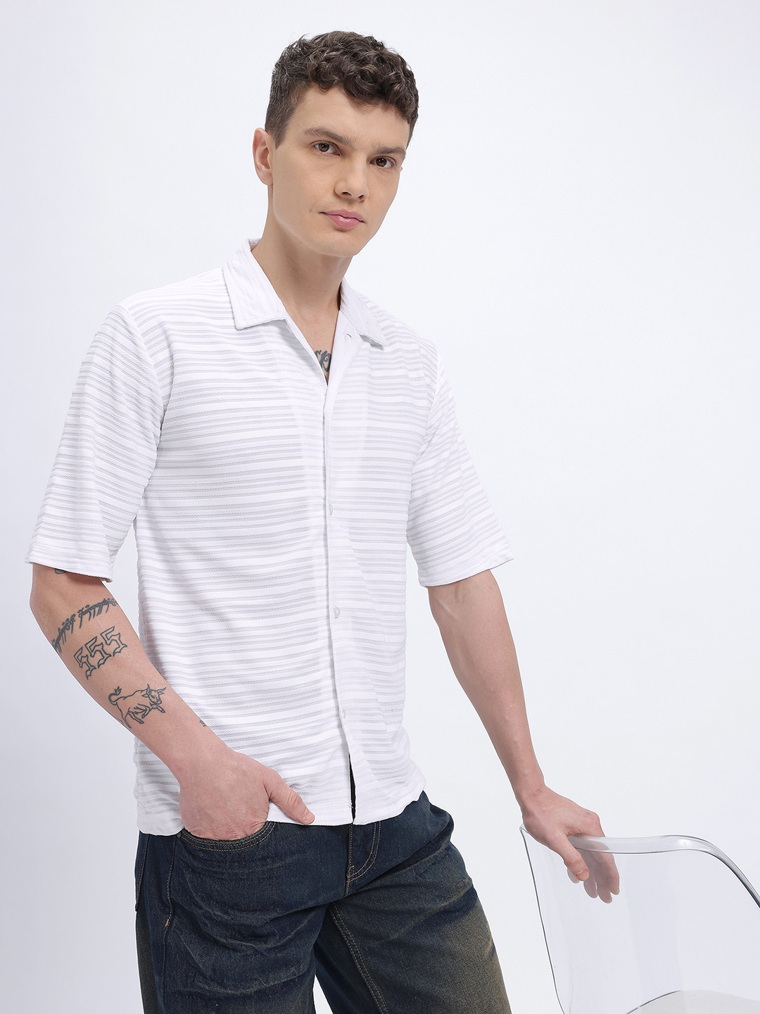 glitchez Horizontal Self-Stripes Casual Shirt