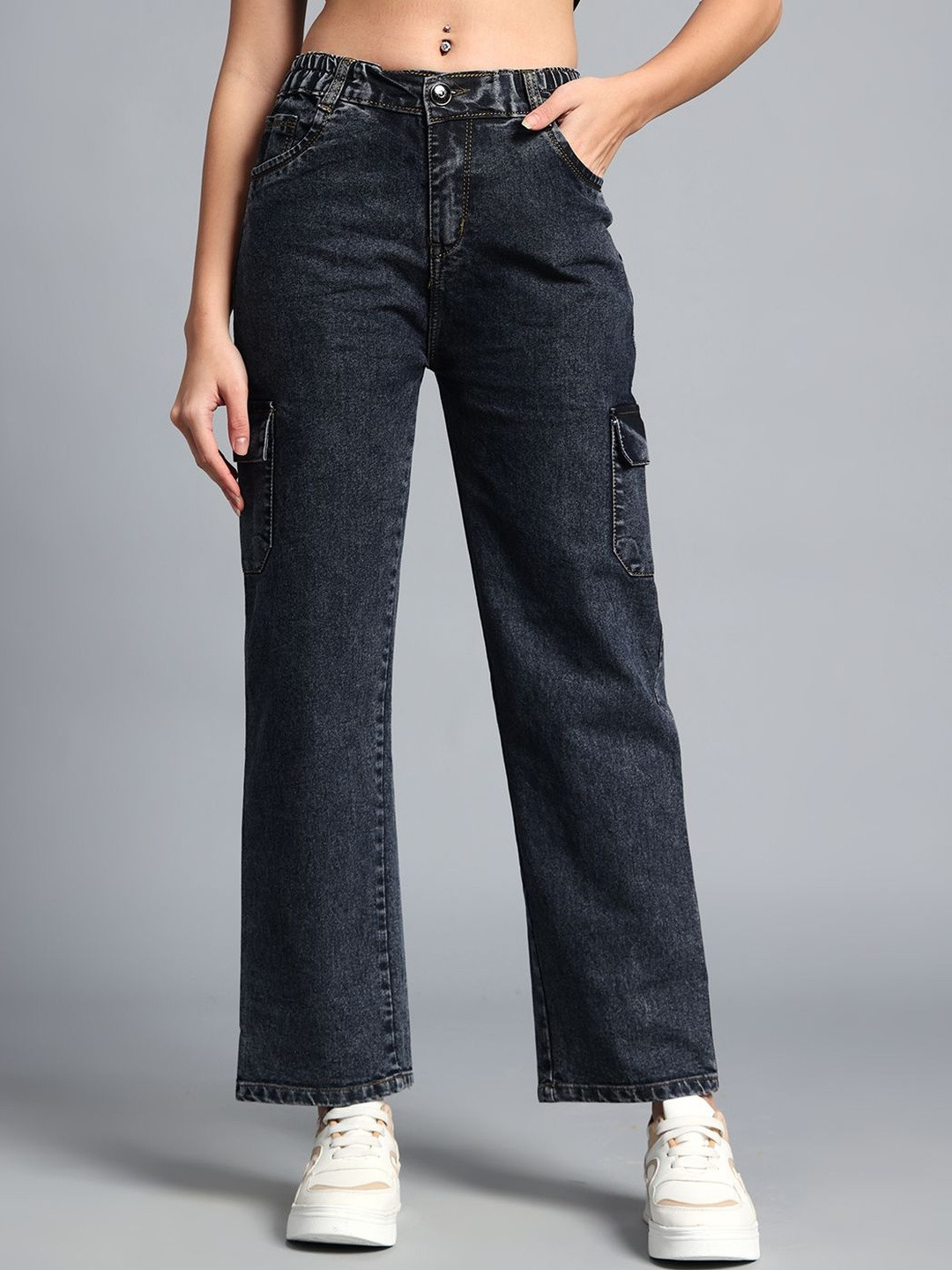 HERE&NOW Women Black Straight Fit Mid-Rise Stretchable Cotton Jeans