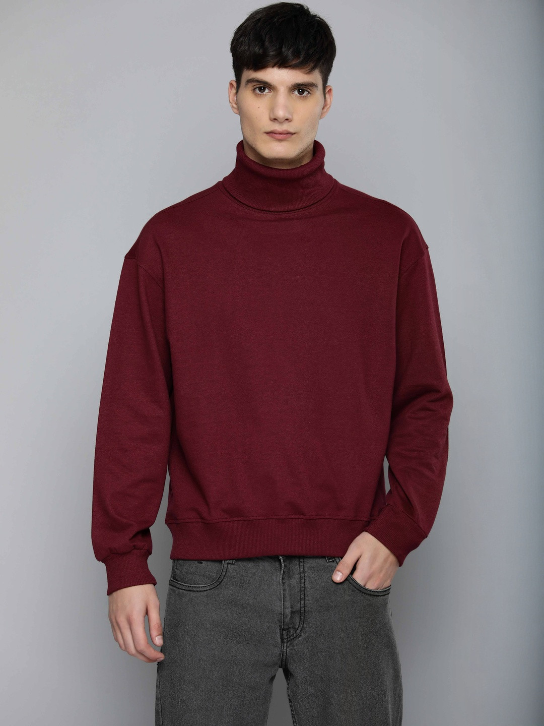 Moda Rapido Men Blue Burgundy Turtle Neck Oversized Sweatshirt