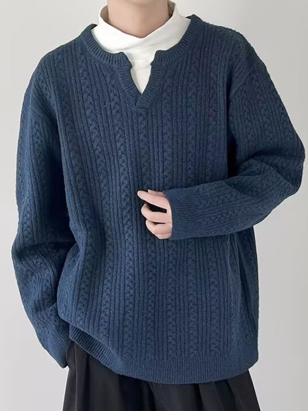 StyleCast Men Cable Knit Henley Neck Pullover Sweater