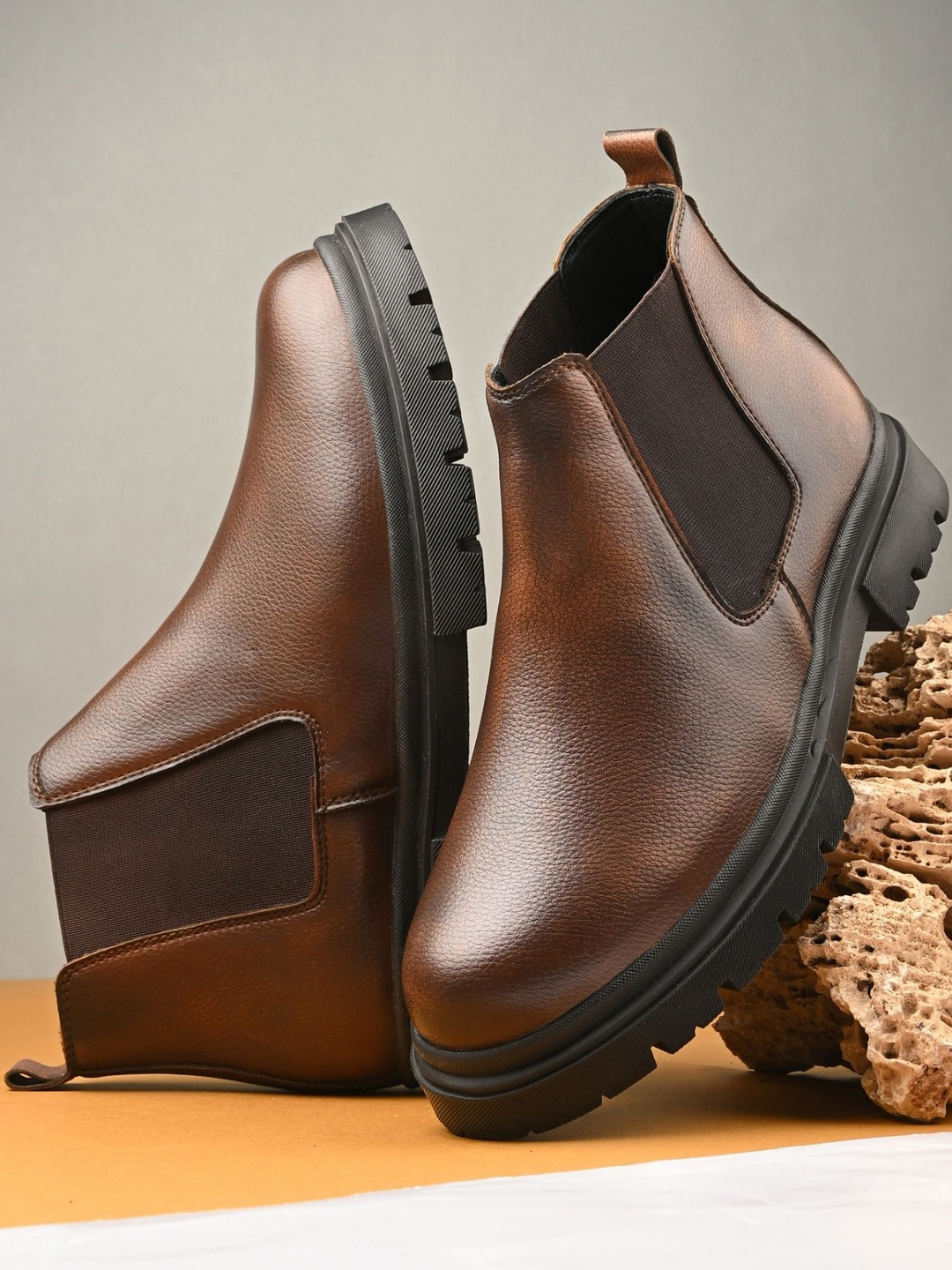 Roadster Men Tan High Top Round Toe Block Heels Synthetic Leather Chelsea Boots