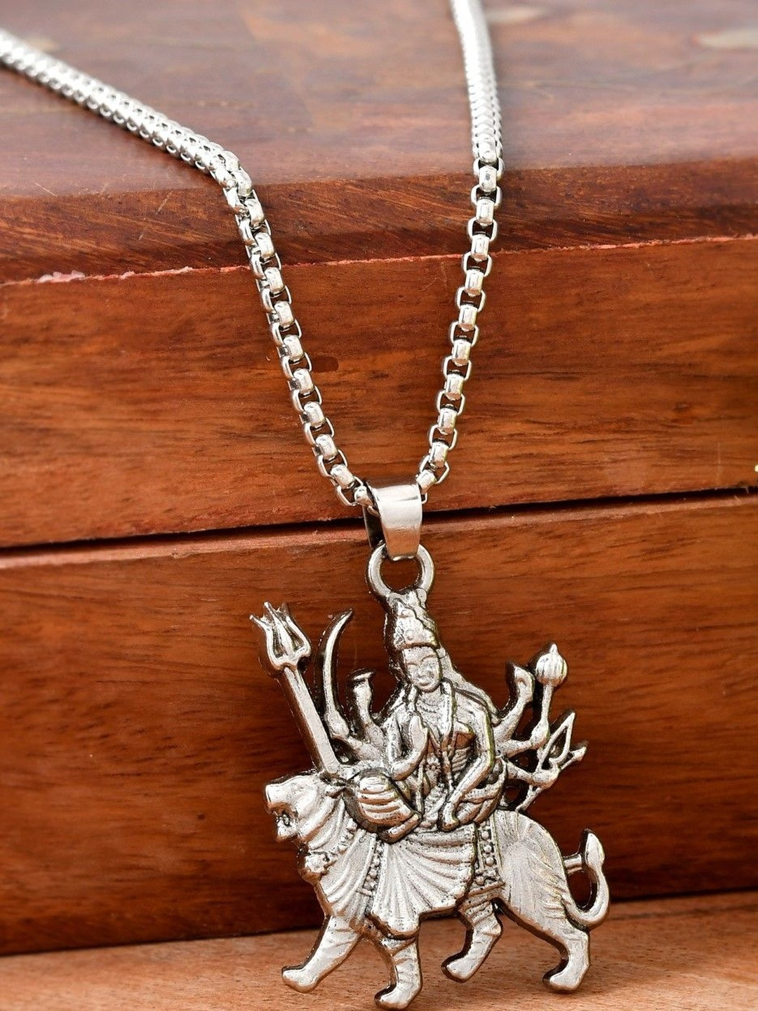 P. R. PRINTS Unisex Silver-Plated Loin Durga Ethnic Pendants with Chains