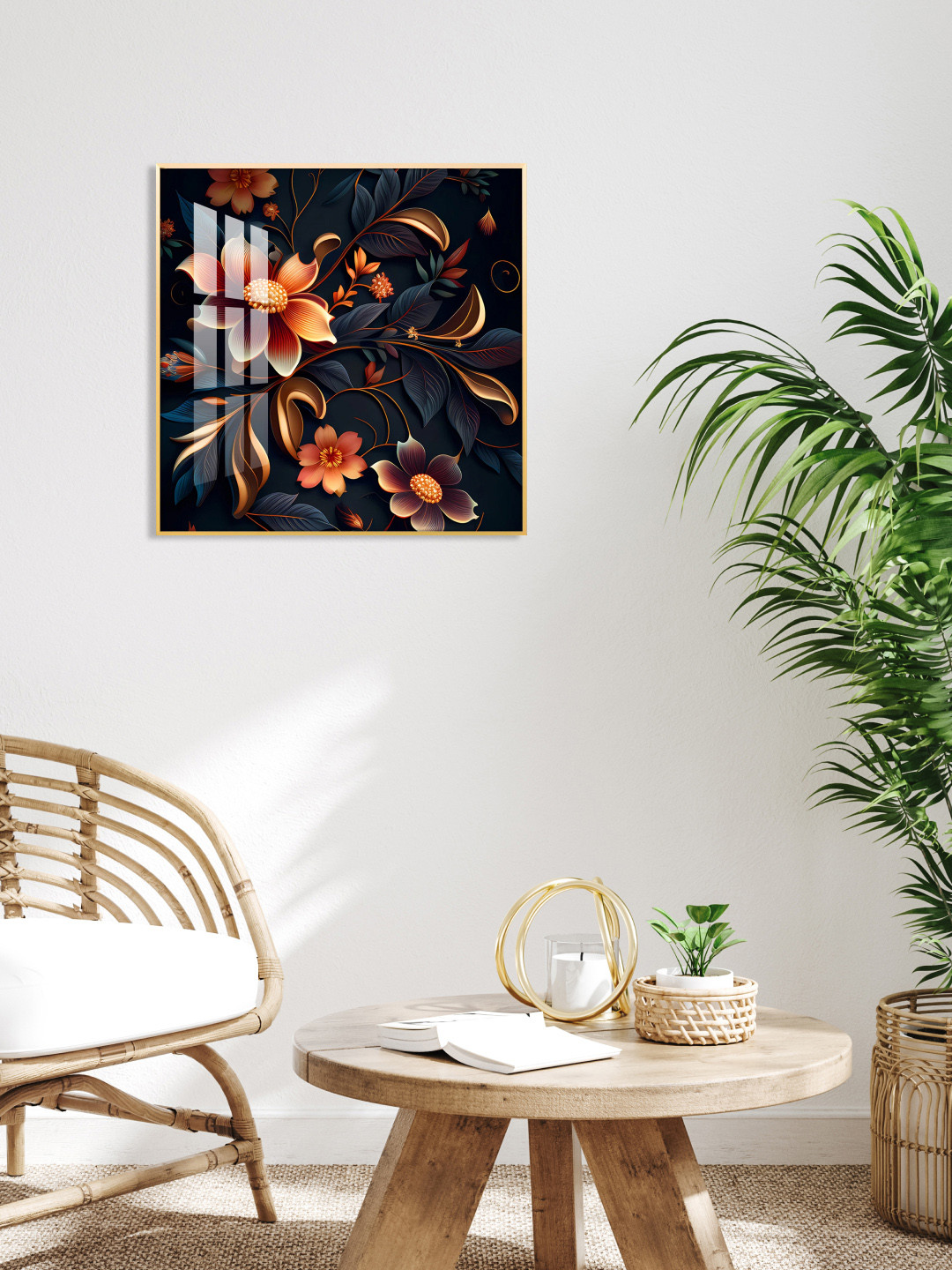 THE NEXT DECOR Gold-Toned & Orange Petals in Bloom Glass Finish Square Wall Art