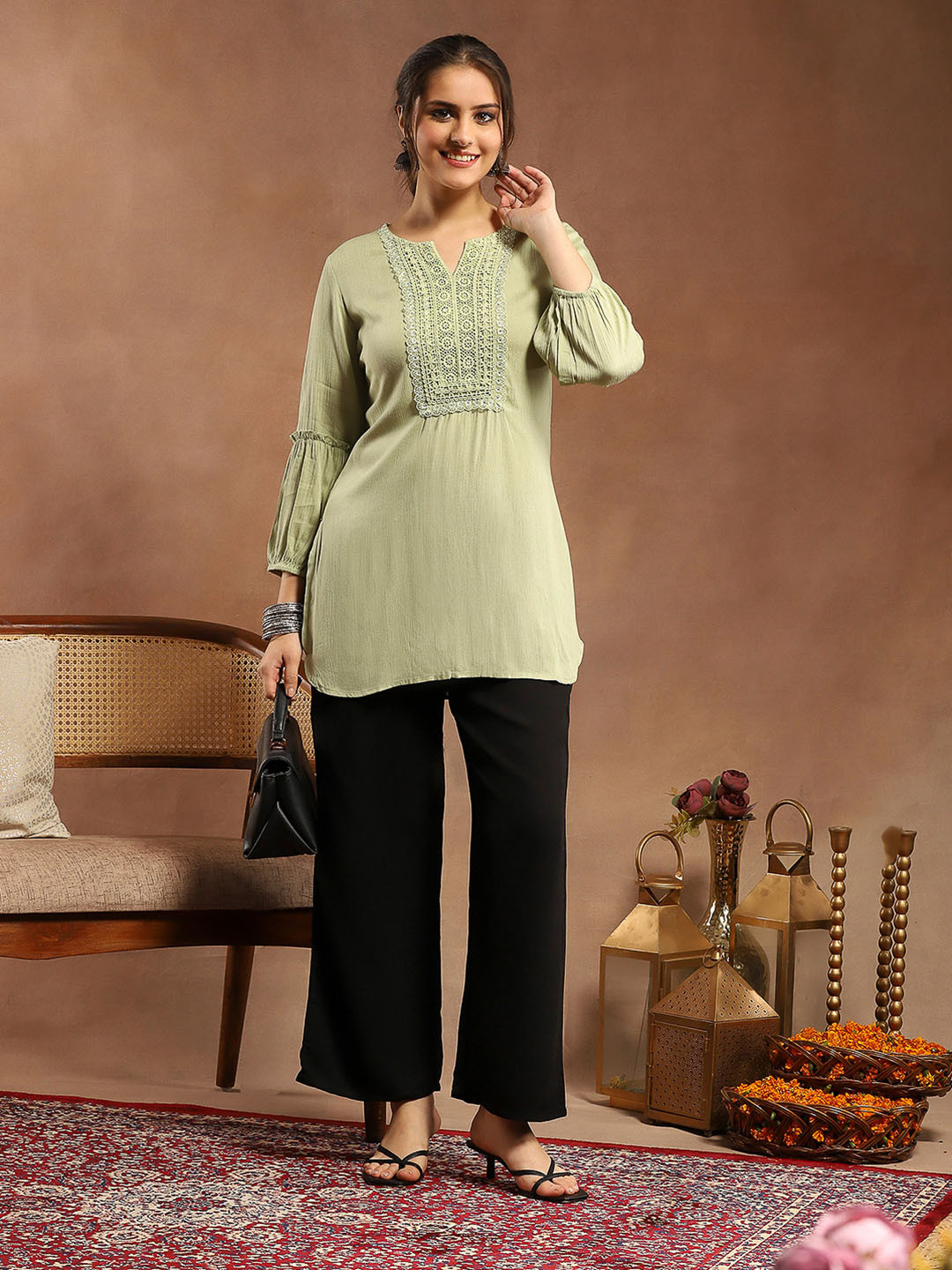 Nayam By Lakshita Women Viscose Rayon Kurti with Lace Detailing & Bishop Sleeves