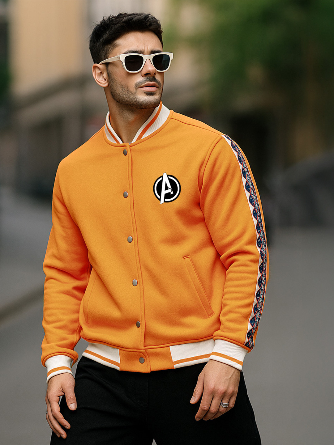 VEIRDO Marvel & Iron Man Graphic Printed Lightweight Fleece Bomber Jacket