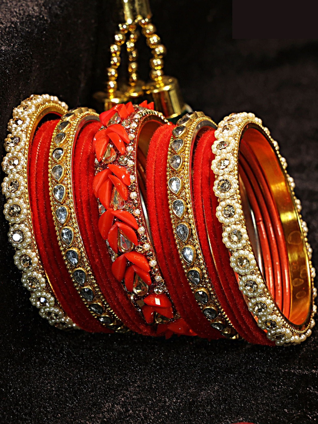 RIJOLI Women White & Red Zircon Pearl & Kundan Studded Golden Velvet Bangle Set