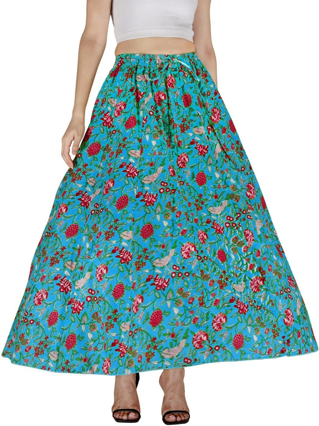 Sttoffa Women Turquoise Blue Cotton Drawstring Skirts