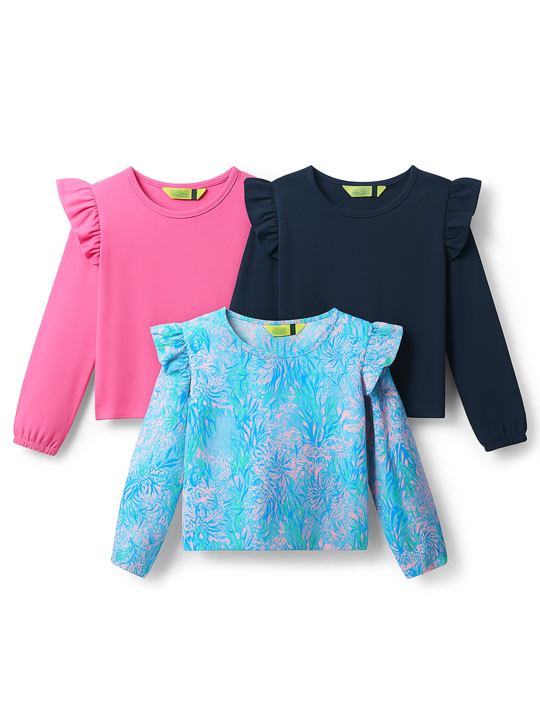 YK Girls Pack of 3 Solid Puff Sleeves Regular Cotton Tops With Ruffles