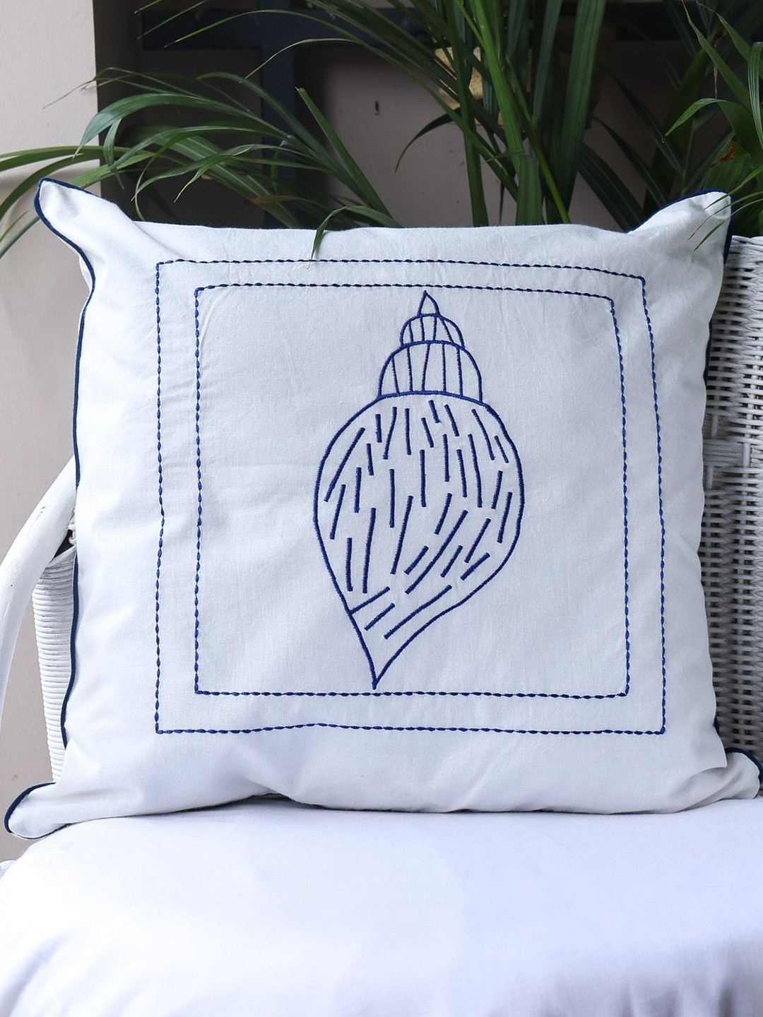 Sangria Coastal Calm White & Blue Embroidered Square Cushion Covers